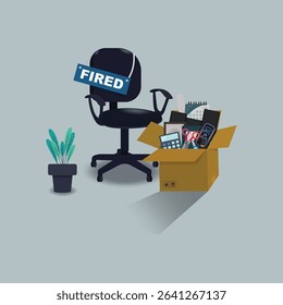 Empty office chair with fired information and the box with office things. Fired concept illustration 