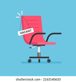 Empty office chair with a sign vacant. Business hiring and recruiting concept. Open vacancy. Vector illustration isolated.