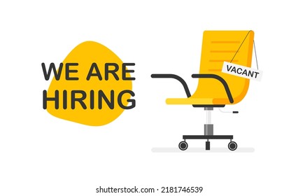 Empty office chair with a sign vacant. Business hiring and recruiting concept. Open vacancy. Vector illustration isolated.