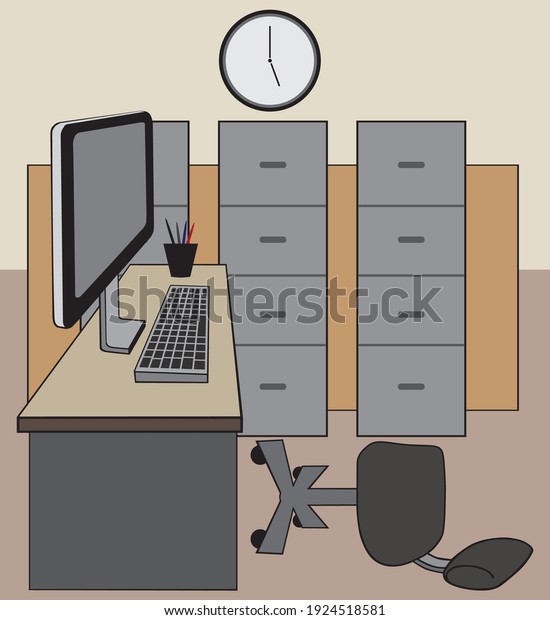An empty office with the chair tipped over\
because the worker left in a\
hurry