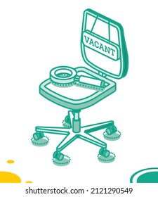 Empty Office Chair with Vacancy Sign and Magnifying Glass. Search Employees to Company. Vector Illustration. Recruiting or Hiring, Open Vacancy. Isometric Outline Concept.