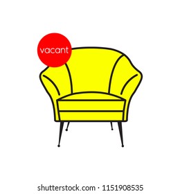 Empty office chair with vacant sign. Employment, vacancy and hiring job vector concept. Chair vacant work, search employee illustration