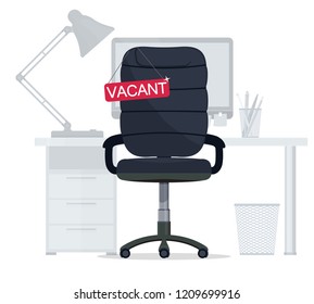 Empty Office chair with vacant sign. Employment, vacancy and hiring job, Business recruiting. Ergonomic armchair for a new executive director. Vector