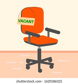 Empty office chair with vacant sign. Employment, vacancy and hiring job concept. Chair vacant work, search employee. Vector illustration. 
