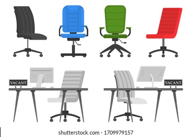 Empty office chair with vacant sign.Employment, vacancy and hiring job vector concept.Vacant workplace for employee.The concept of hiring and recruiting a business, search employee.Vector illustration