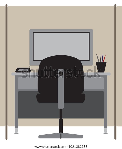 An\
empty office cubicle with computer, desk and\
chair