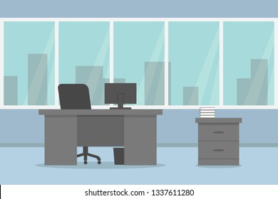 Empty office. Desk, chair, desktop monitor and panoramic window. Vector illustration.