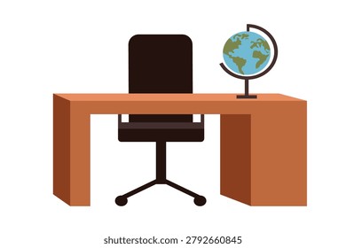Empty Office Desk with Chair and Globe. Workspace Illustration. Minimal Office Desk Setup with Globe. Modern Workspace.
