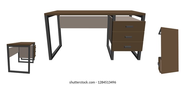 Empty office desk. Isolated on white background. 3d Vector illustration. Different viewes.