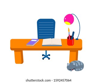 Empty Office Desk with Sleeping Cat. Book, Pencils and Notebook.