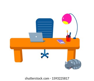 Empty Office Desk with Sleeping Cat. Book, Pencils and Laptop Notebook Computer.