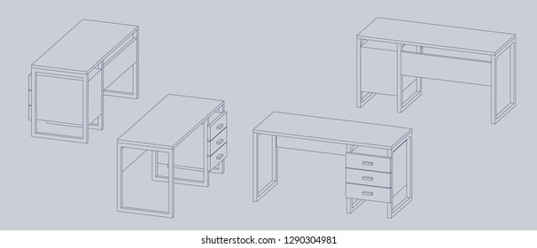 Empty office desk. Vector outline illustration. Dimetric projection.