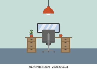 Um escritório vazio. Local de trabalho de um funcionário. Uma xícara de café na mesa. Escritório vetorial.