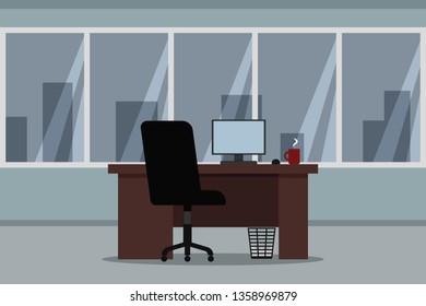 Empty office interior. Desk, chair and desktop. Vector illustration.