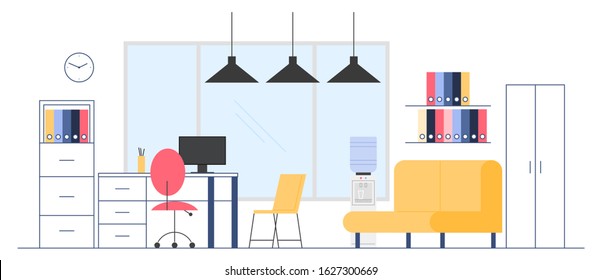 Empty office interior. Modern workplace for business people. Chair, computer at the desk, shelves and sofa in the office. Vector flat illustration