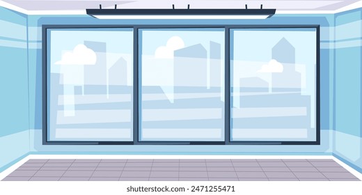 Empty office interior with panoramic window and city views. Empty modern open space. Studio for rental. Real estate agency. Cartoon vector illustration.