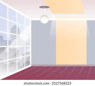 Empty office interior with panoramic window and city views. Empty modern open space. Studio for rental. Real estate agency. Cartoon vector illustration.