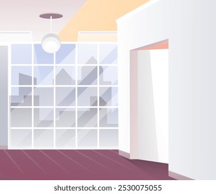 Empty office interior with panoramic window and city views. Empty modern open space. Studio for rental. Real estate agency. Cartoon vector illustration.