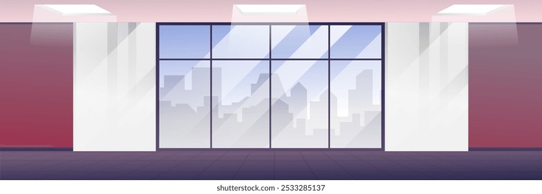 Empty office interior with panoramic window and city views. Empty modern open space. Studio for rental. Real estate agency. Cartoon vector illustration.