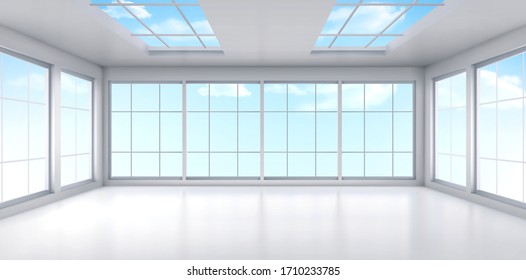 Empty office with large windows on ceiling and floor. Room interior in white colors. Internal structure of modern city architecture, inner design project visualization Realistic 3d vector illustration