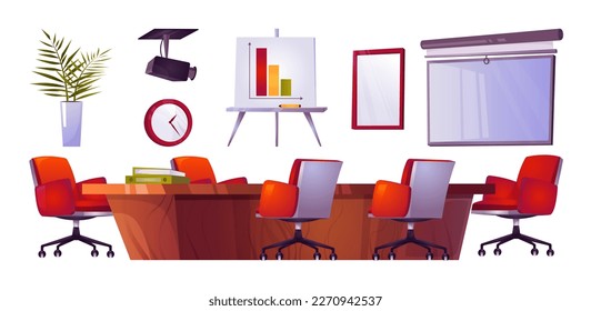 Empty office meeting boardroom cartoon vector interior set. Isolated conference place furniture with table, board and projector illustration on white background. Corporate team management workplace.