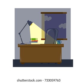 empty office night  - cartoon flat office furniture - chair, table, window
