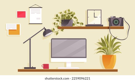 Empty office, place for work at home. Working space interior design. Workplace of employee with computer. Desktop, monitor, lamp, shelf with decorative elements, potted plants. Study place at table