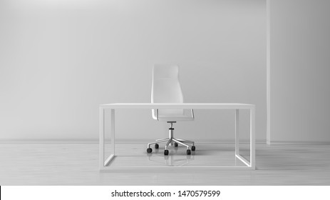 Empty Office Room Interior, Medical Cabinet, Workplace With Desk And Turning Seat. Table And Armchair Furniture, Inner Design In White Colors, Boss Working Place. Realistic 3d Vector Illustration