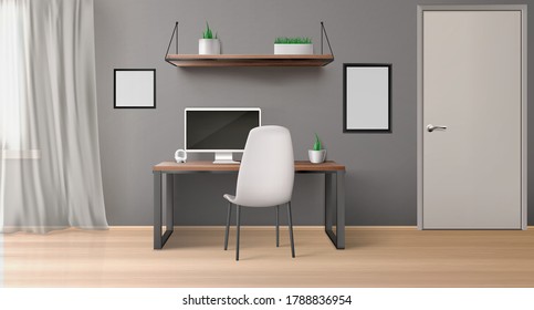 Empty office room with monitor on desk, chair, shelf with plants and black picture frames. Vector realistic interior of modern home workplace with computer screen and wooden table