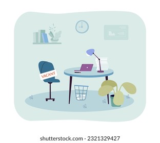 Empty office with vacant seat vector illustration. Cartoon drawing of chair with vacant sign, lack of workers, employee shortage. Workforce, business, labor crisis, vacancy, recruitment concept