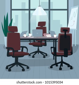 Empty office without workers in daytime. Open workspace for multiple employees. Lunch break concept. Simplistic realistic cartoon art style. Vector illustration