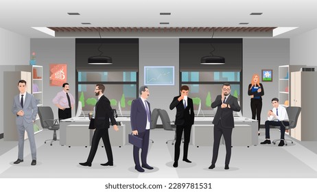 Oficina vacía. Lugar de trabajo de la empresa comercial. Diseño moderno minimalista de interiores de oficina gris. La sala del armario está abierta y tiene muebles. Fondo interior con mesa y ordenador. Ilustración del vector