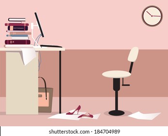 Empty Office Work Station With A Desk, Computer, Office Chair, Clock And Some Woman's Personal Items