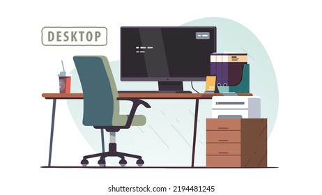 Empty office workplace chair, desk with desktop computer, documents folders. Office work place with coffee cup, clock, printer equipment. Business workspace, job occupation flat vector illustration