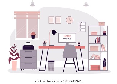 Empty office workplace with computer. desk or work place stationery outline concept. Indoor job workspace for creative. Working place organization for clerk, staff or manager. flat vector illustration