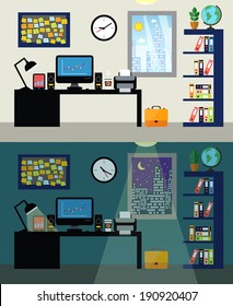 Empty office workplace day and night with work table computer and bookshelf vector illustration