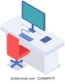 Empty office workplace interior design. Business objects, vector elements and equipment. Modern office with furniture, laptop on table, chairs, workspace at home or office premice without employees