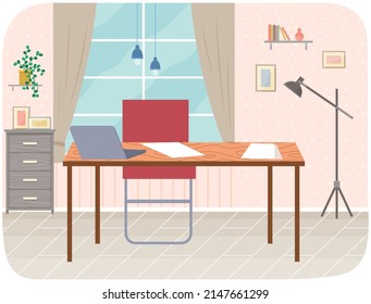 Empty office workplace interior design. Business objects, vector elements and equipment. Modern office with furniture, laptop on table, chairs, workspace at home or office premice without employees