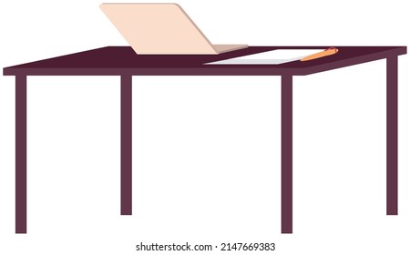 Empty office workplace interior design. Business objects, vector elements and equipment. Modern office with furniture, laptop on table, chairs, workspace at home or office premice without employees