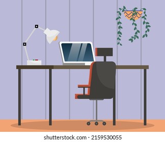 Diseño interior de oficinas vacías. Objetos comerciales, elementos vectores y equipo. Oficina moderna con muebles, portátil sobre la mesa, sillas, espacio de trabajo en el hogar o Precios de oficina sin empleados
