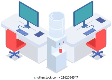 Empty Office Workplace Interior Design. Business Objects, Vector Elements And Equipment. Modern Office With Furniture, Laptop On Table, Chairs, Floor Water Cooler Isolated Premice Without Employees