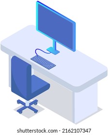 Empty office workplace interior design. Business objects, vector elements and equipment. Modern office with furniture, laptop on table, chairs, workspace at home or office premice without employees