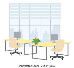 Diseño interior de oficinas vacías. Objetos comerciales, elementos vectores y equipo. Oficina moderna con muebles, ordenador sobre la mesa, sillas, espacio de trabajo en casa o premice de oficina sin empleados
