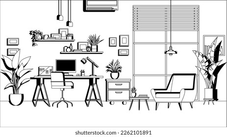 Empty office workplace interior design in line art style. Business objects, vector elements and equipment. Modern office with furniture and computer on table, chairs, potted plant, panoramic window