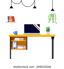 Empty office workplace. Modern home or office workplace isolated on white background. Office desk with computer or laptop. Cartoon vector illustration.