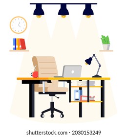 Empty office workplace. Modern home or office workplace isolated on white background. Office desk and chair with computer or laptop. Cartoon vector illustration.