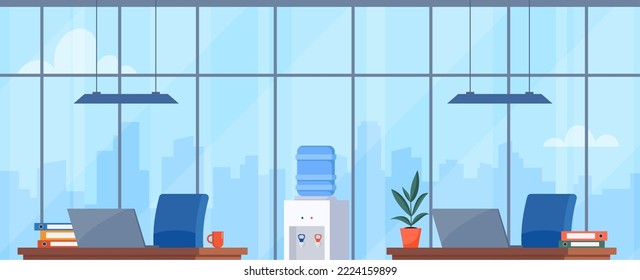 Espacio de trabajo de oficina vacío. El interior de la oficina de coworking con mesas, ordenadores portátiles, una gran ventana. Centro moderno, lugar de trabajo creativo. Banner horizontal. Ilustración del vector