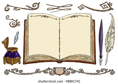 Empty Old Book, Old Writing Tools, Decorative Frames - Cartoon Vector Illustration - Clip art
