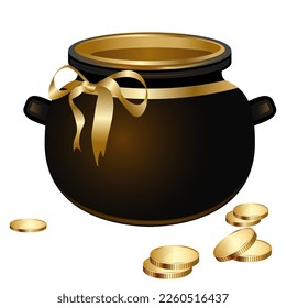 Empty old bronze cauldron with gold ribbon and gold coins cultural object of European countries, witches cauldron, leprechaun cauldron, traditional symbol of St. Patrick's Day, Halloween