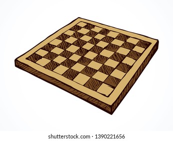 Empty old chessman match attack set on paper space for text. Dark line ink hand drawn winner hobby move mate toy logo pictogram in vintage art doodle cartoon vector style. Closeup surface plan view